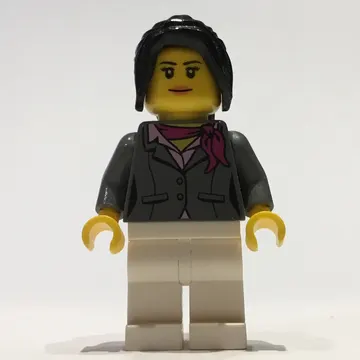 Woman, Dark Bluish Gray Jacket with Magenta Scarf, White Legs, Black Ponytail Hair