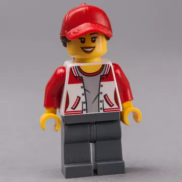 Woman, Red and White Letterman Jacket, Dark Bluish Gray Legs, Red Cap with Hair