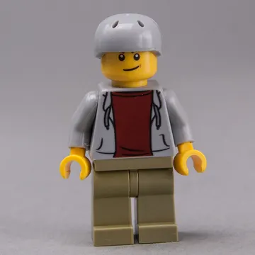 Man, Open Light Bluish Gray Hoodie over Dark Red Shirt, Olive Green Legs, Light Bluish Gray Helmet