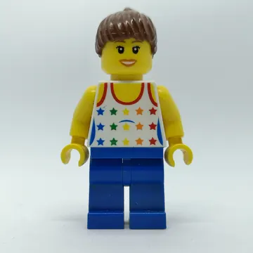 Woman, White Vest with Stars, Blue Legs, Reddish Brown Hair