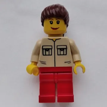 Woman, Tan Shirt with Two Pockets, Red Legs, Reddish Brown Hair