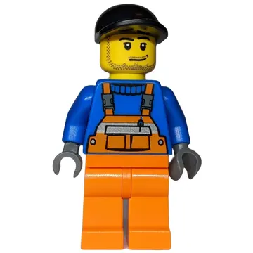 Ground Crew, Orange Overalls over Blue Sweater, Black Cap, Stubble