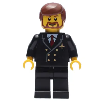 Pilot, Black Suit with Tie and Airplane Badge, Reddish Brown Hair, Beard