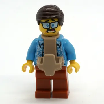 Man, Open Dark Azure Hawaiian Shirt, Dark Orange Legs, Dark Brown Hair, Baby Carrier