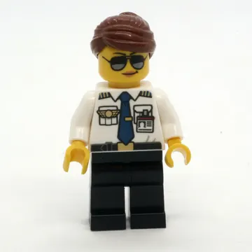 Pilot, Woman, White Shirt with Tie and Wings Badge, Black Legs, Reddish Brown Hair, Sunglasses