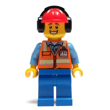 Ground Crew, Orange Safety Vest, Blue Legs, Red Hard Hat with Ear Defenders
