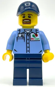 Man, Medium Blue Shirt with Octan Logo, Dark Blue Legs, Dark Blue Cap, Goatee Beard