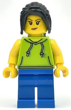 Woman, Lime Hoodie, Blue Legs, Black Hair