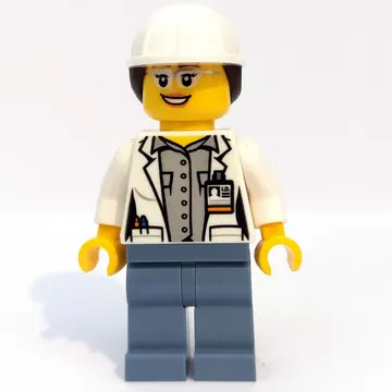 Volcano Explorer Scientist, Woman, Open White Lab Coat, Sand Blue Legs, White Hard Hat with Hair