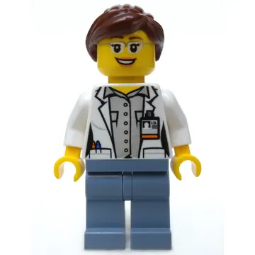 Volcano Explorer Scientist, Woman, Open White Lab Coat, Sand Blue Legs, Reddish Brown Hair, Glasses