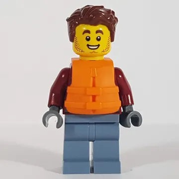 Harl Hubbs, Dark Red Jacket, Sand Blue Legs, Reddish Brown Hair, Orange Life Vest