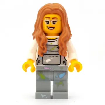 Woman, Light Bluish Gray Overalls with Paint Stains, Medium Nougat Hair, Glasses