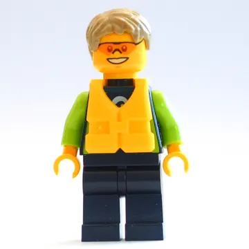 Man, Black and Lime Wetsuit, Dark Tan Hair, Yellow Life Vest, Orange Safety Glasses