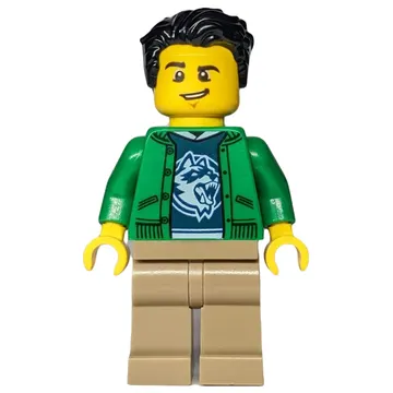 Man, Open Green Jacket, Dark Tan Legs, Black Hair