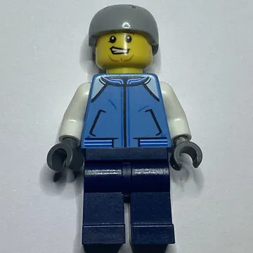 Man, Bright Light Blue Letterman Jacket, Dark Blue Legs, Light Bluish Gray Helmet