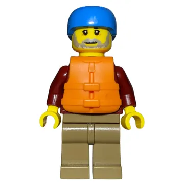 Man, Open Dark Red Jacket, Dark Tan Legs, Dark Azure Helmet, Orange Life Vest, Beard
