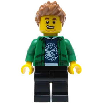Man, Open Green Jacket, Black Legs, Medium Nougat Hair