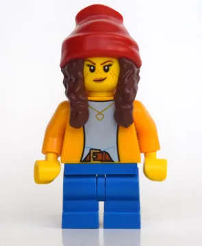 Girl, Bright Light Orange Shirt, Blue Medium Legs, Red Beanie with Braids