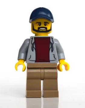 Man, Light Bluish Gray Open Hoodie, Dark Tan Legs, Dark Blue Cap, Beard