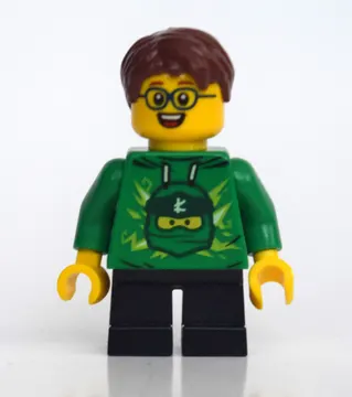 Boy, Green Ninjago Hoodie, Short Black Legs, Reddish Brown Hair, Glasses