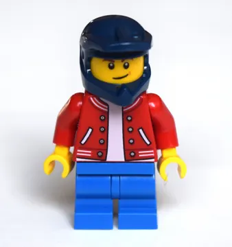 Boy, Red Letterman Jacket, Blue Medium Legs, Dark Blue Dirt Bike Helmet