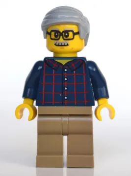 Man, Dark Blue Plaid Shirt, Dark Tan Legs, Light Bluish Gray Hair and Moustache, Glasses