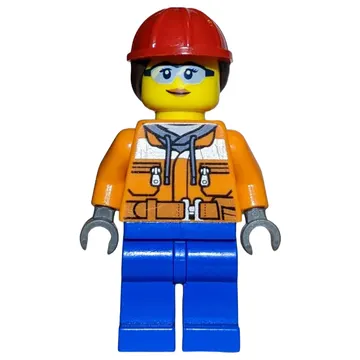 Construction Worker, Woman, Orange Safety Jacket, Blue Legs, Ponytail with Red Hard Hat
