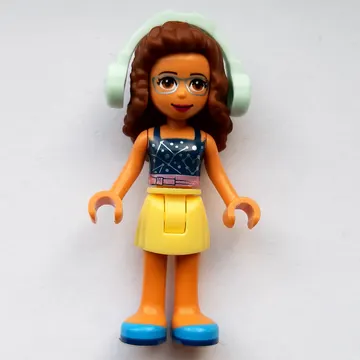 Olivia - Dark Blue Top, Bright Light Yellow Skirt, Light Aqua Headphones