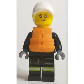 Firewoman, Black Fire Suit, Orange Lifevest, White Cap