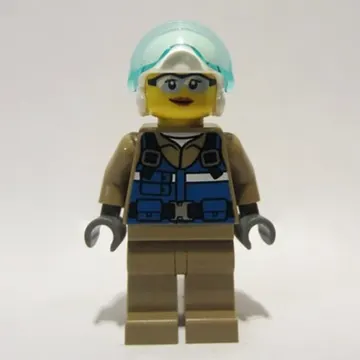 Woman, Helicopter Pilot, Blue Vest over Dark Tan Shirt