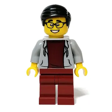 Light Bluish Gray Torso, Dark Red Legs, Black Hair