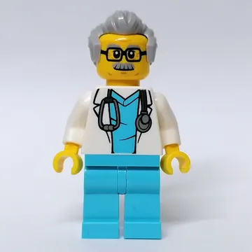 Doctor, White Coat, Medium Azure Scrubs, Light Bluish Gray Hair, Glasses