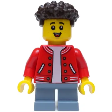 Boy, Red Jacket, Short Sand Blue Legs, Dark Brown Hair