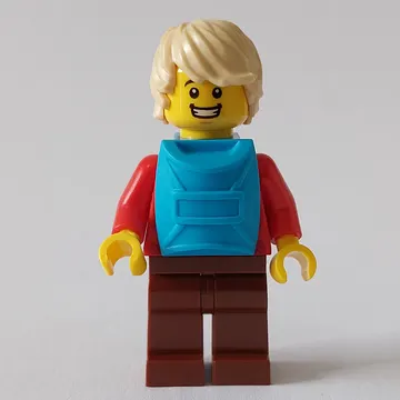 Man, Red Plaid Shirt, Reddish Brown Legs, Tan Hair, Backpack on Front