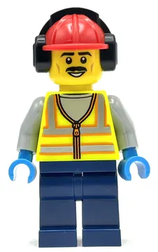 Vibrant Yellow Safety Vest, Dark Blue Legs, Red Hat