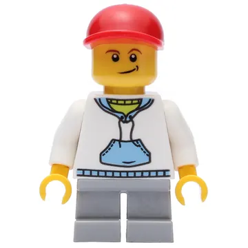 Boy, White and Blue Hoodie, Short Light Bluish Gray Legs, Red Cap (3626c Head)