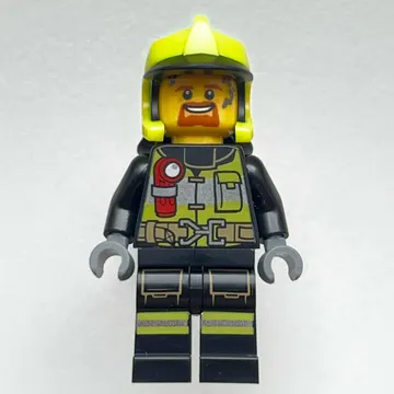 Firefighter, Black Fire Suit with Red Flashlight, Vibrant Yellow Helmet