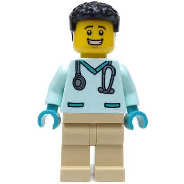 Vet, Light Aqua Shirt, Tan Legs, Black Hair