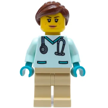 Vet, Light Aqua Shirt, Tan Legs, Reddish Brown Ponytail