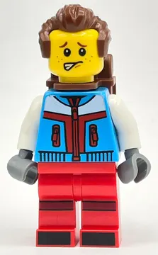 Skier, Azure and Red Suit, Reddish Brown Backpack and Hair