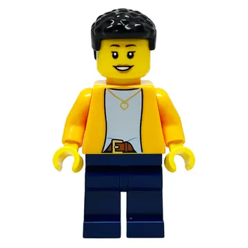 Bright Orange Torso, Dark Blue Legs, Black Hair, Hearing Aid