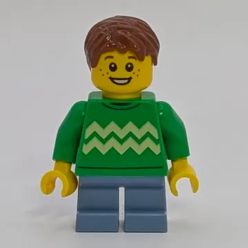 Boy, Bright Green Sweater, Short Sand Blue Legs