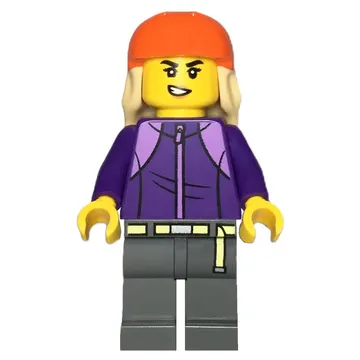 Skateboarder, Dark Purple Torso, Dark Bluish Grey Legs, Reddish Orange Helmet