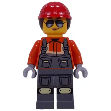 Construction Worker, Reddish Orange Safety Jacket, Overalls, Red Helmet, Reddish Brown Hair