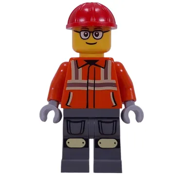 Construction Worker, Reddish Orange Safety Jacket, Red Helmet