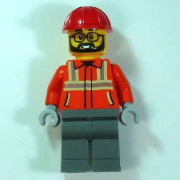 Construction Worker, Orange Safety Jacket, Dark Bluish Grey Legs, Red Hard Hat