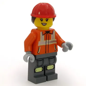 Construction Worker, Reddish Orange Jacket, Overall, Red Hard Hat with Dark Brown Ponytail