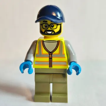 Construction Worker, Vibrant Yellow Safety Vest, Olive Green Legs, Dark Blue Cap