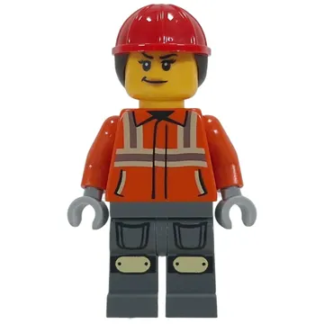 Construction Worker, Reddish Orange Jacket, Dark Bluish Gray Legs, Red Hard Hat with Ponytail