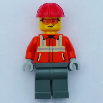 Construction Worker, Reddish Orange Jacket, Red Hard Hat